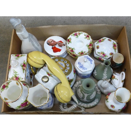 778 - A collection of china including Royal Albert Old Country Roses, Wedgwood Jasperware, Aynsley, a Nao ... 