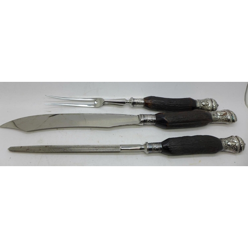 781 - Military issue cutlery and a three piece antler handled carving set