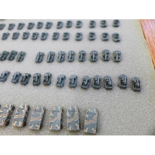 795 - Nine cases with a large collection of 6mm 1/300 scale table top war gaming armoured tanks and other ... 