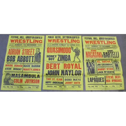 797 - Three wrestling event posters, two Kirkby and one Sutton-in-Ashfield, 1970's featuring Honey Boy Zim... 