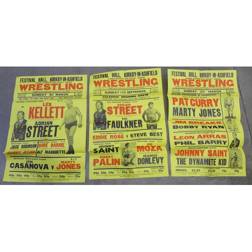 798 - Three wrestling event posters, all Kirkby-in-Ashfield, 1970's featuring Pat Curry, Marty Jones, Les ... 