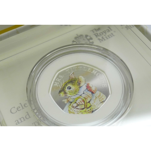 800A - A Beatrix Potter Mrs Tittlemouse 50p silver proof coin, The Royal Mint, boxed