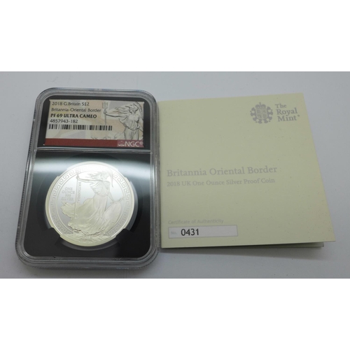 800D - A 2018 UK £2 Britannia Oriental Border, graded PF69 Ultra Cameo, one ounce .999 fine silver proof co... 