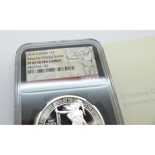 800D - A 2018 UK £2 Britannia Oriental Border, graded PF69 Ultra Cameo, one ounce .999 fine silver proof co... 