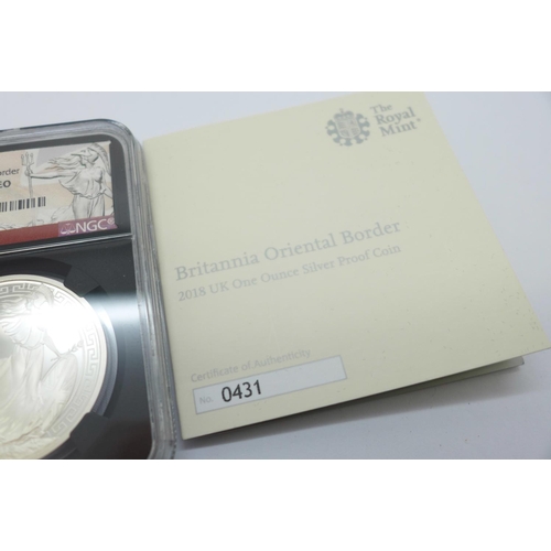 800D - A 2018 UK £2 Britannia Oriental Border, graded PF69 Ultra Cameo, one ounce .999 fine silver proof co... 