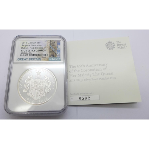 800E - A 2018 GB £5 Sapphire Coronation silver proof Piedfort coin, 56.56g, graded PF70 Ultra Cameo, First ... 