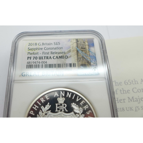 800E - A 2018 GB £5 Sapphire Coronation silver proof Piedfort coin, 56.56g, graded PF70 Ultra Cameo, First ... 