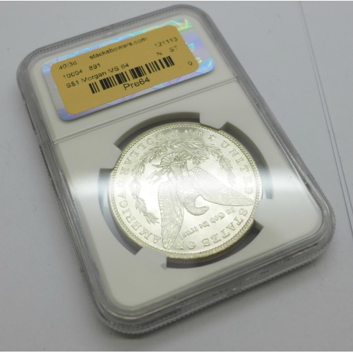 800I - A silver Morgan US $1 coin, 1881, San Francisco mint, MS64, cased