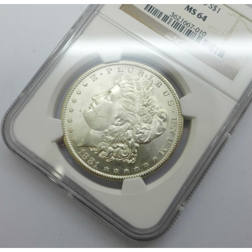 800I - A silver Morgan US $1 coin, 1881, San Francisco mint, MS64, cased