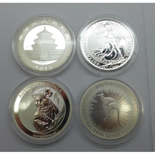 800J - Four silver coins, each 1oz. .999 fine silver; 2019 Britannia £2 coin, 2014 10 yuan Panda coin, 2019... 