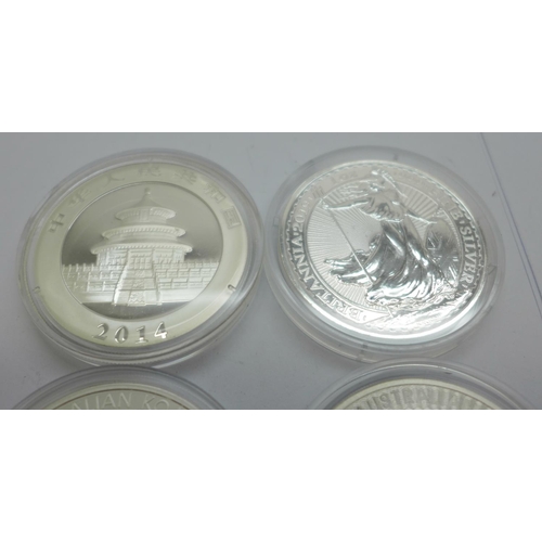 800J - Four silver coins, each 1oz. .999 fine silver; 2019 Britannia £2 coin, 2014 10 yuan Panda coin, 2019... 