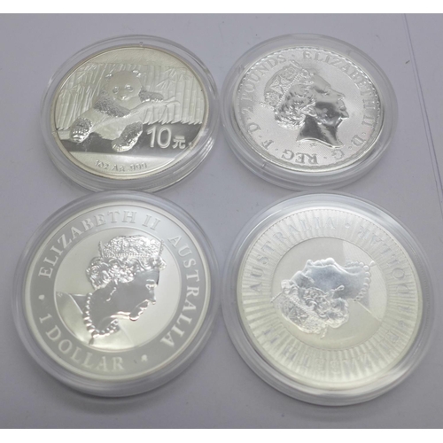 800J - Four silver coins, each 1oz. .999 fine silver; 2019 Britannia £2 coin, 2014 10 yuan Panda coin, 2019... 