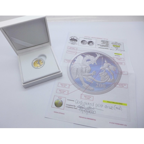 800N - A 2020 new design gold plated silver sovereign, .999 fine silver proof, complete with certificate de... 