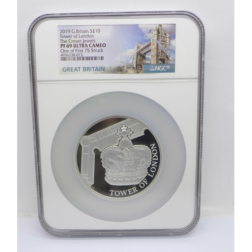 800O - 2019 5oz £10 UK silver proof coin, Tower of London The Crown Jewels, graded presentation PF69 Ultra ... 