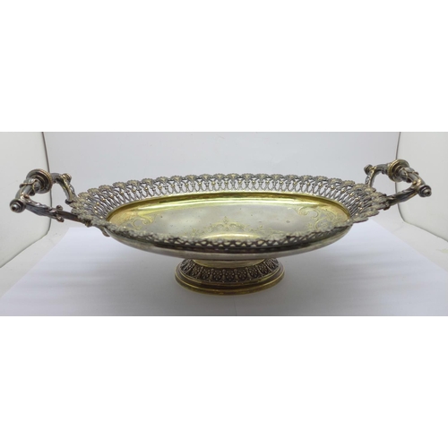 809 - A white metal two handled dish with pierced border and etched decoration, marked 800M, 480g, width 3... 