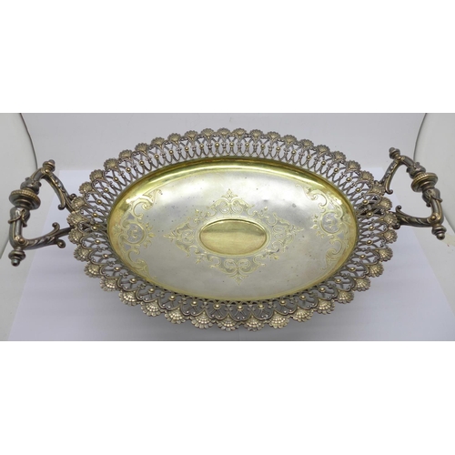 809 - A white metal two handled dish with pierced border and etched decoration, marked 800M, 480g, width 3... 