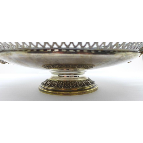 809 - A white metal two handled dish with pierced border and etched decoration, marked 800M, 480g, width 3... 