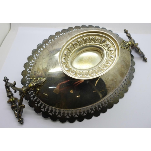 809 - A white metal two handled dish with pierced border and etched decoration, marked 800M, 480g, width 3... 