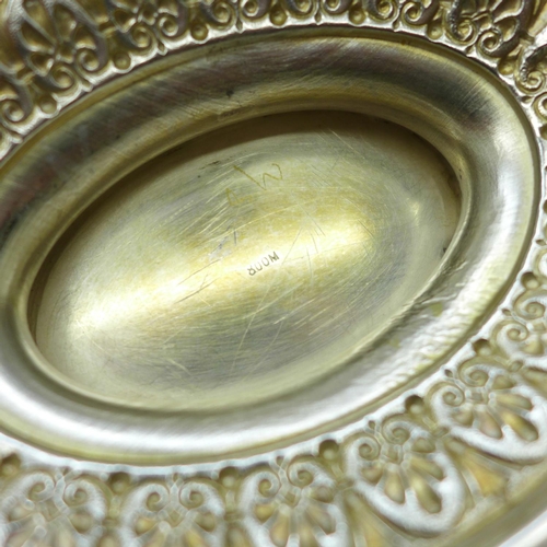 809 - A white metal two handled dish with pierced border and etched decoration, marked 800M, 480g, width 3... 