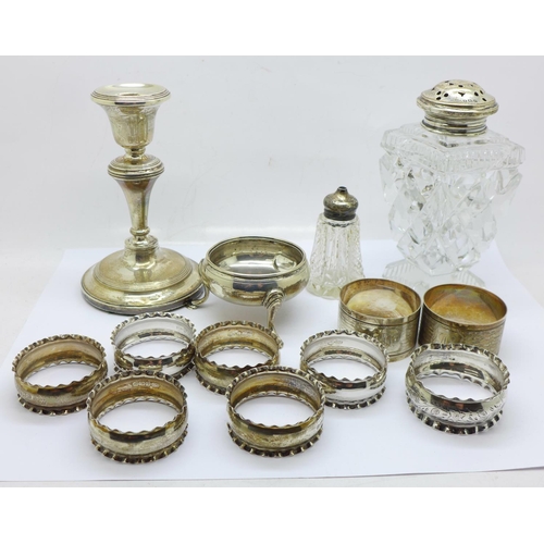 814 - A Georgian silver salt, a set of six silver napkin rings, three other silver napkin rings, a silver ... 