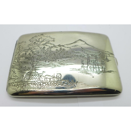 819 - A sterling cigarette case with Japanese rural scenes on the outer case and inner case