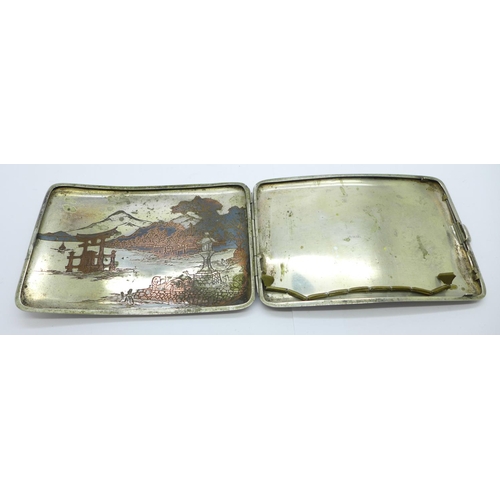 819 - A sterling cigarette case with Japanese rural scenes on the outer case and inner case