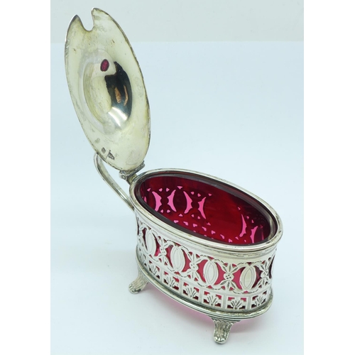 820 - A late Victorian silver mustard pot with cranberry glass liner, Sheffield 1896, Walker & Hall, 79g