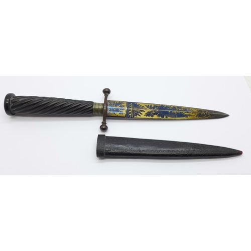 834 - An early 19th Century dagger with decorated steel blue and gilt blade, with scabbard, 23cm