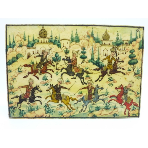 840 - An Eastern hand decorated plaque depicting a polo match, 118mm x 82mm