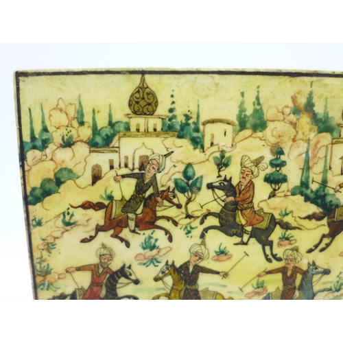 840 - An Eastern hand decorated plaque depicting a polo match, 118mm x 82mm