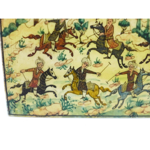 840 - An Eastern hand decorated plaque depicting a polo match, 118mm x 82mm