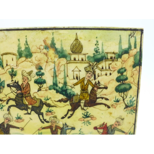 840 - An Eastern hand decorated plaque depicting a polo match, 118mm x 82mm