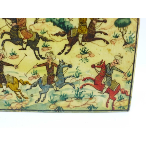 840 - An Eastern hand decorated plaque depicting a polo match, 118mm x 82mm