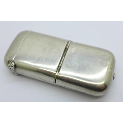 843 - A late Victorian silver vesta case/sovereign holder, a/f, with inscription dated 1900