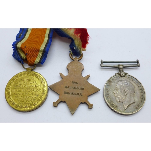 847 - A trio of WWI medals to L/Cpl. E.E. Harburn SAMCC, the Star marked RFM E.E. Harburn 3rd SAMR