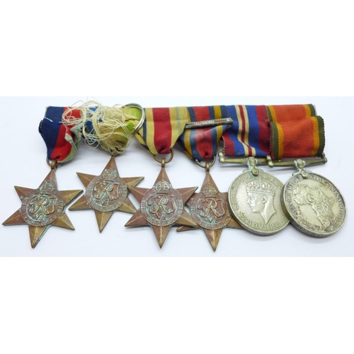 850 - A set of six WWII medals including Africa Service Medal and The Burma Star with Pacific bar to 67432... 