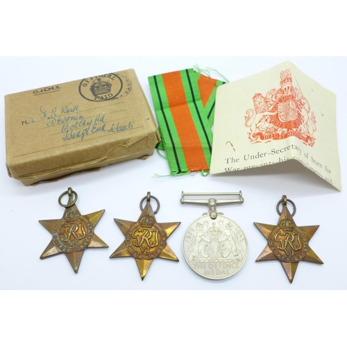 851 - Three WWII Star medals, named to 43258, J.R. Malan and an unnamed Defence Medal, the box stamped Nov... 