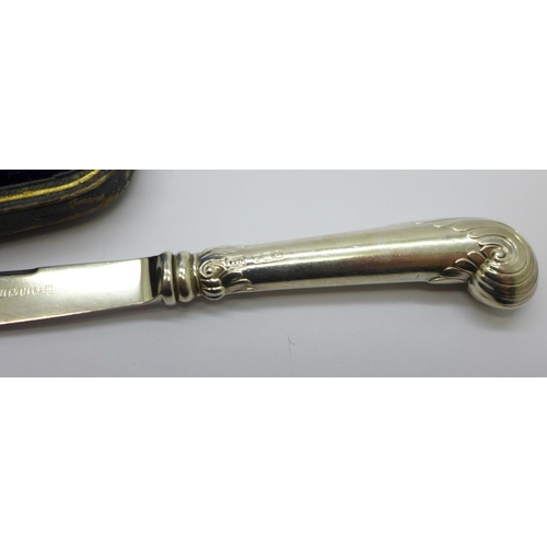 861 - A cased set of silver handled butter knives with pistol grips