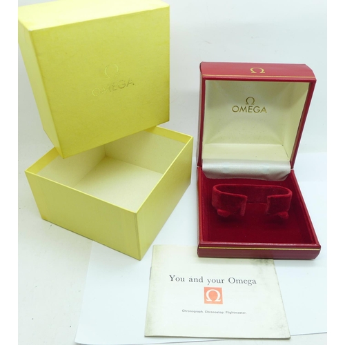 866 - An Omega wristwatch box, outer cardboard box and Omega Chronograph leaflet