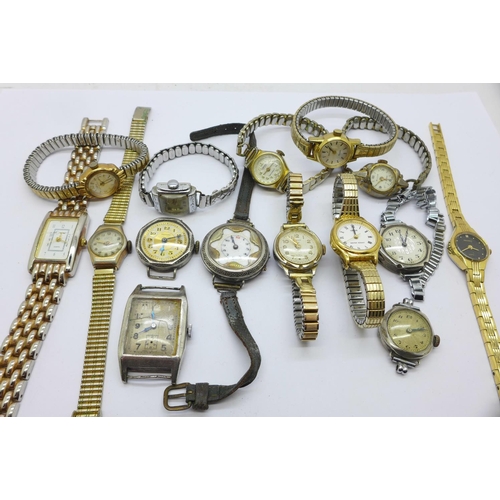 873 - Five silver cased wristwatches and other lady's wristwatches