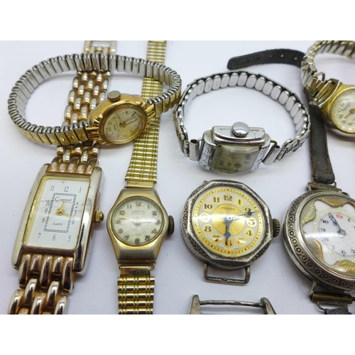 873 - Five silver cased wristwatches and other lady's wristwatches