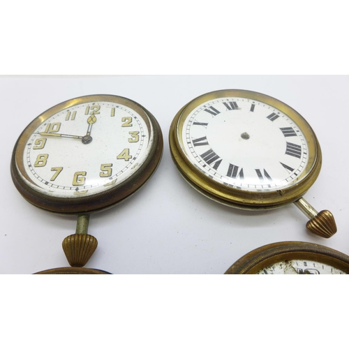 874 - Four travel clocks, a/f, lacking cases