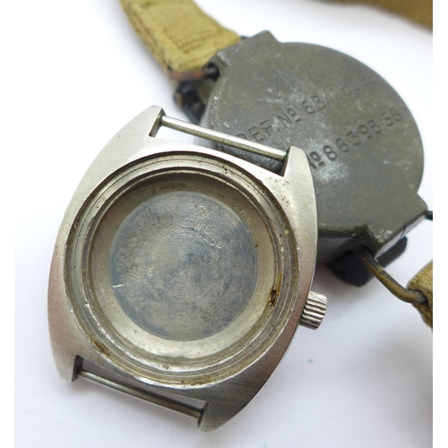 875 - A military compass and a wristwatch case