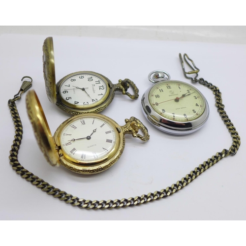 878 - Two quartz pocket watches with hunting scenes, a Services stop watch, a/f, and a chain