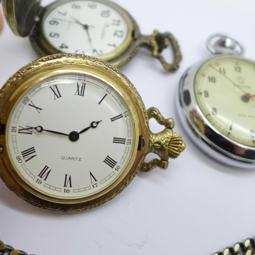 878 - Two quartz pocket watches with hunting scenes, a Services stop watch, a/f, and a chain