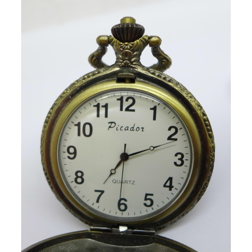 878 - Two quartz pocket watches with hunting scenes, a Services stop watch, a/f, and a chain