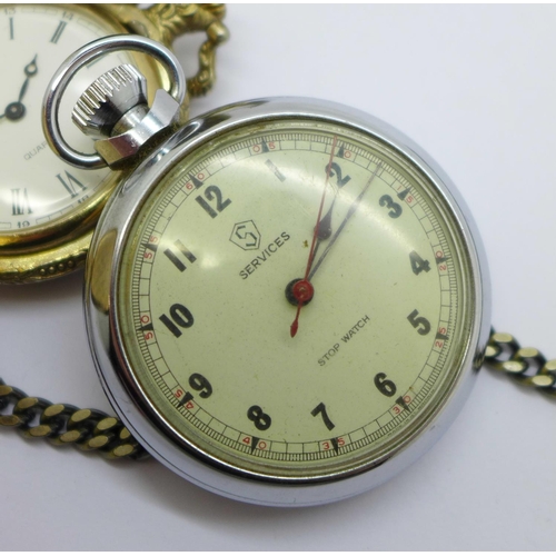 878 - Two quartz pocket watches with hunting scenes, a Services stop watch, a/f, and a chain