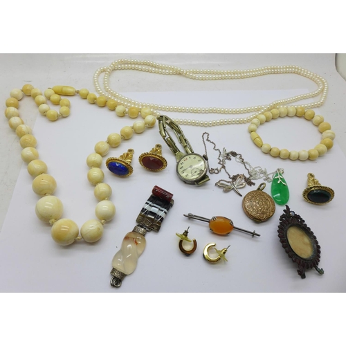 898 - Three gilt metal seals, ivory necklace, silver Lanco watch, etc., (part agate bracelet)