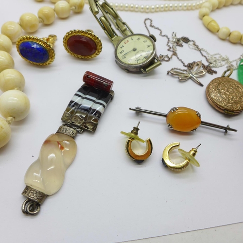 898 - Three gilt metal seals, ivory necklace, silver Lanco watch, etc., (part agate bracelet)