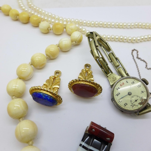 898 - Three gilt metal seals, ivory necklace, silver Lanco watch, etc., (part agate bracelet)